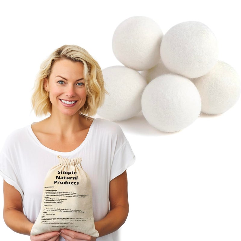 BICHI Simple Natural Products Wool Dryer Balls - Fabric Softener and Dryer Sheets for Laundry Supplies - Reusable Wrinkle and Static Guard Wool Balls - Unscented for Sensitive Skin (6 XL Pack) - Image 1