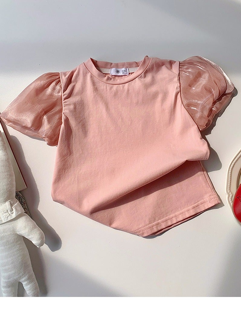 Loquat Girl's Lantern Short Sleeve Crew Neck T-Shirt Cotton Puff Sleeve Tees Pink  - Image 1