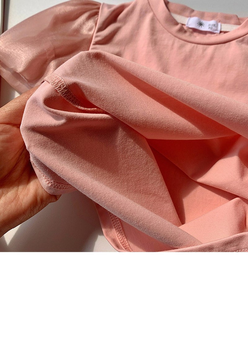 Loquat Girl's Lantern Short Sleeve Crew Neck T-Shirt Cotton Puff Sleeve Tees Pink  - Image 2