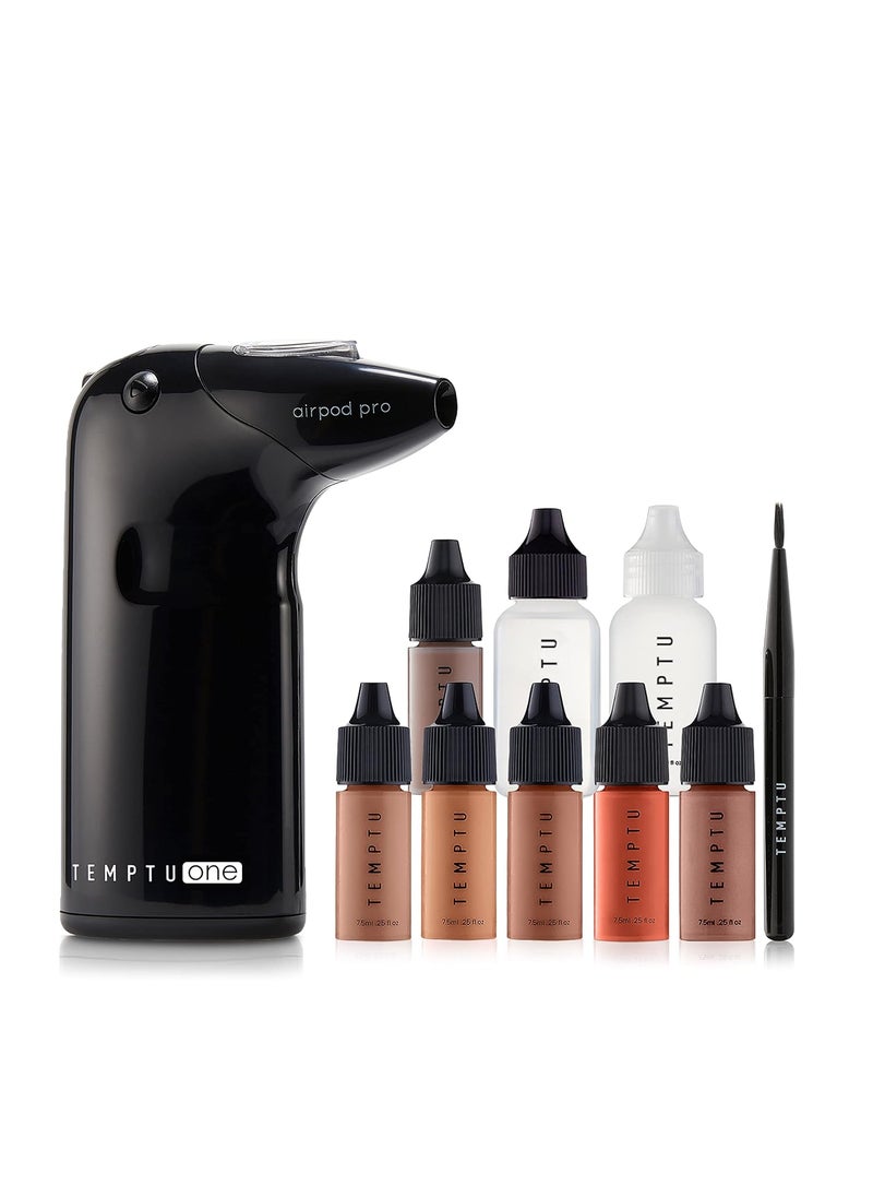 Temptu TEMPTU One Airbrush Make-up Kit with Cordless Compressor, 6 Shades: 11-Piece Set, Portable Air Brush Machine & Airpod Pro, 3 Shades of Foundation, Blush, Bronzer, Instant Concealer, Perfect Complexion 