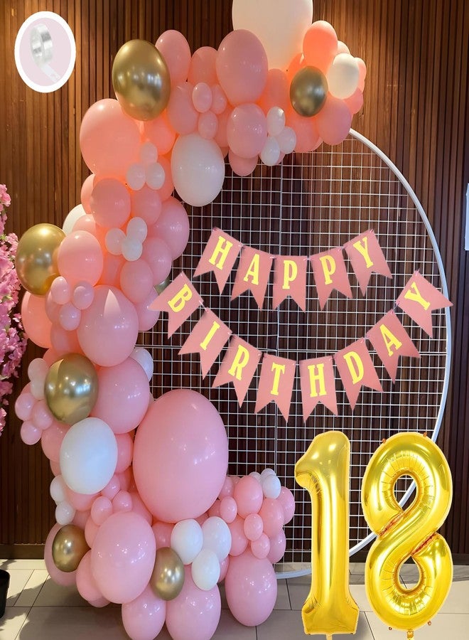 Flyloons 18th Birthday Decoration Items Pink and White Theme Combination for Girls Princes | 30 Pcs Pink White Gold Balloons | Pink Happy Birthday Paper Banner | Arch Tape - Image 1