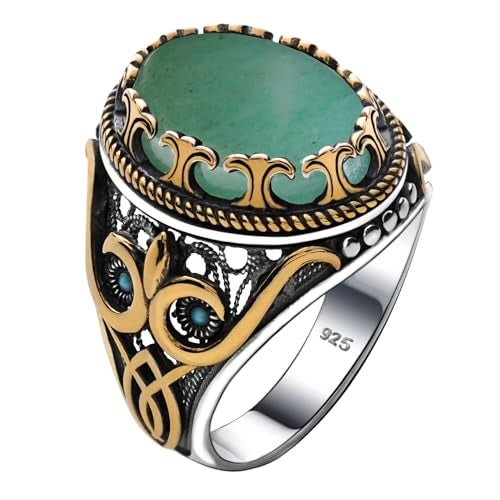 Alpha Rock Natural Green Aventurine Stone, Genuine Solid 925 Sterling Silver Accented with Bronze, Authentic Vintage Turkish Ottoman Style Ring for Men (Natural Green Aventurine, 9) - Image 1