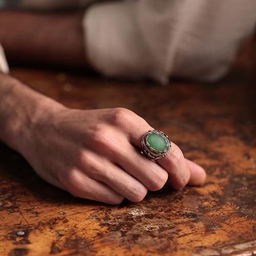 Alpha Rock Natural Green Aventurine Stone, Genuine Solid 925 Sterling Silver Accented with Bronze, Authentic Vintage Turkish Ottoman Style Ring for Men (Natural Green Aventurine, 9) - Image 2
