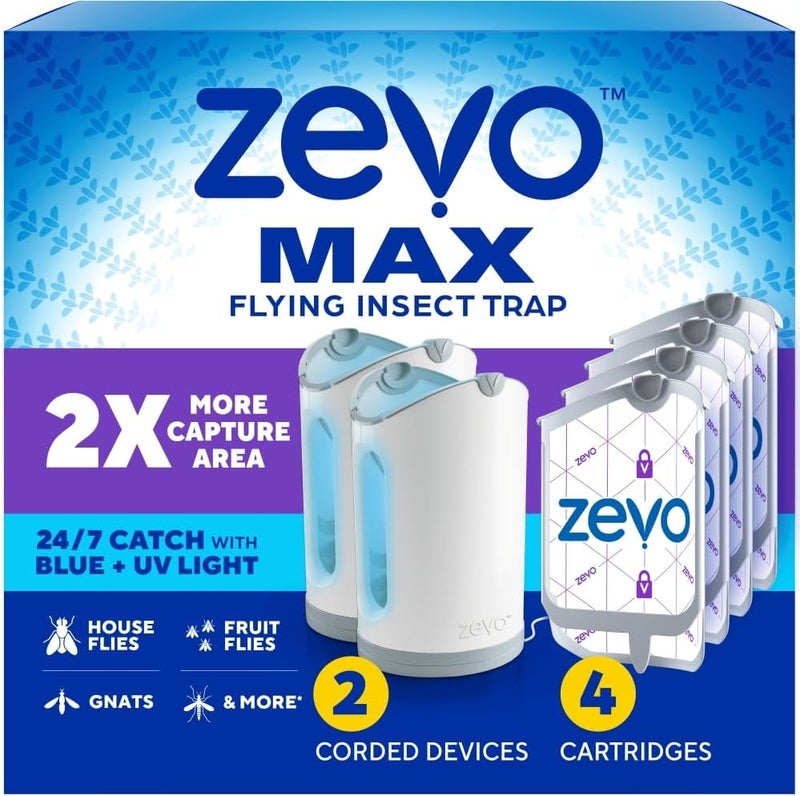 ZEVO MAX Flying Insect Trap, Fly Trap Captures Houseflies, Fruit Flies, and Gnats (2 Plug-in Bases + 4 Cartridges) - Image 1