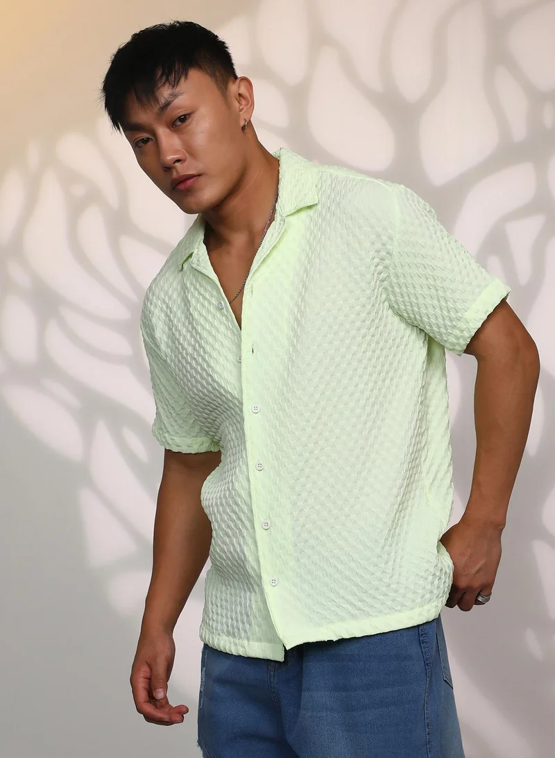CAHOOT  Men's Lime Green Cubic-Textured Resort Shirt for Men | Best Price UAE