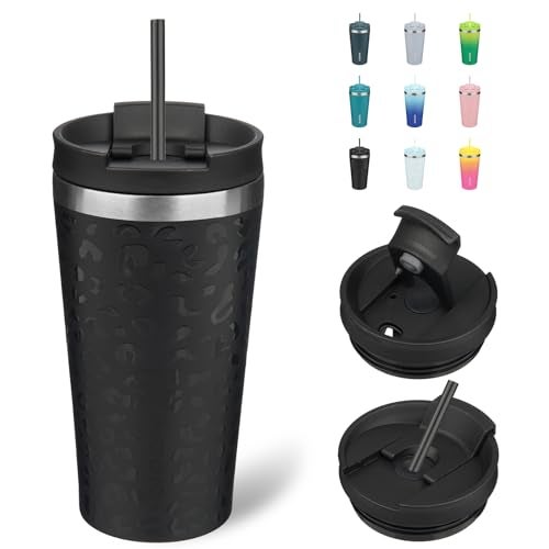 BJPKPK 18oz Insulated Tumbler With lid And Straw Stainless Steel Tumblers Travel Coffee Mug Reusable Thermal Cup,Black Leopard - Image 1