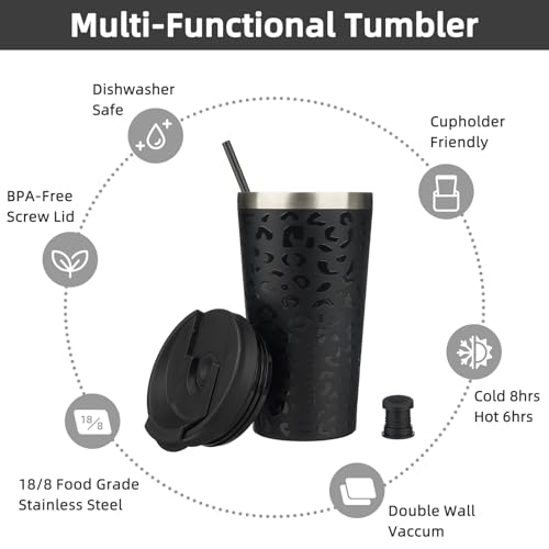 BJPKPK 18oz Insulated Tumbler With lid And Straw Stainless Steel Tumblers Travel Coffee Mug Reusable Thermal Cup,Black Leopard - Image 3