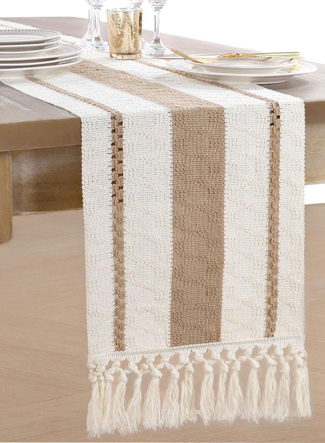 Macrame Table Runner, 12 x 72 Inches Boho Farmhouse Table Runner with Tassels Cotton Linen Woven for Spring Dining Table Home Decor for Spring Living Room Dining Room Bedroom  - Image 1