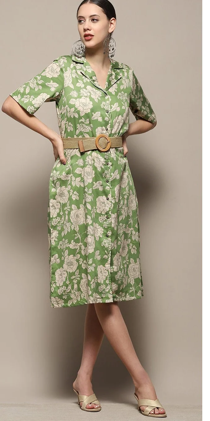 Women Green Pure Cotton Floral Printed Straight Dress