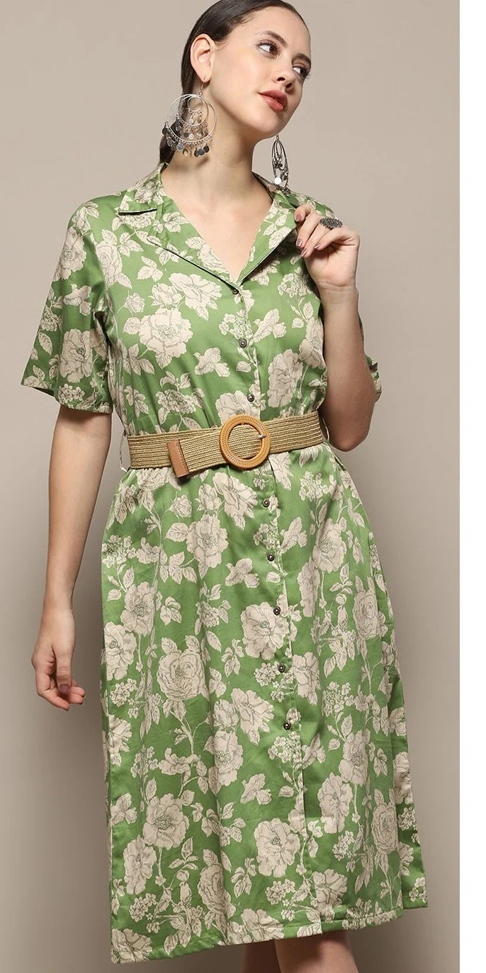 Biba  Women Green Pure Cotton Floral Printed Straight Dress  | Best Price UAE