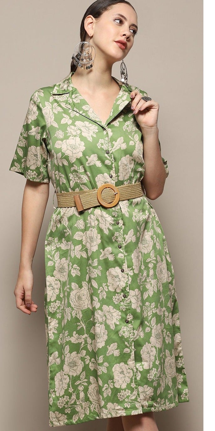 Biba Women Green Pure Cotton Floral Printed Straight Dress - Image 2