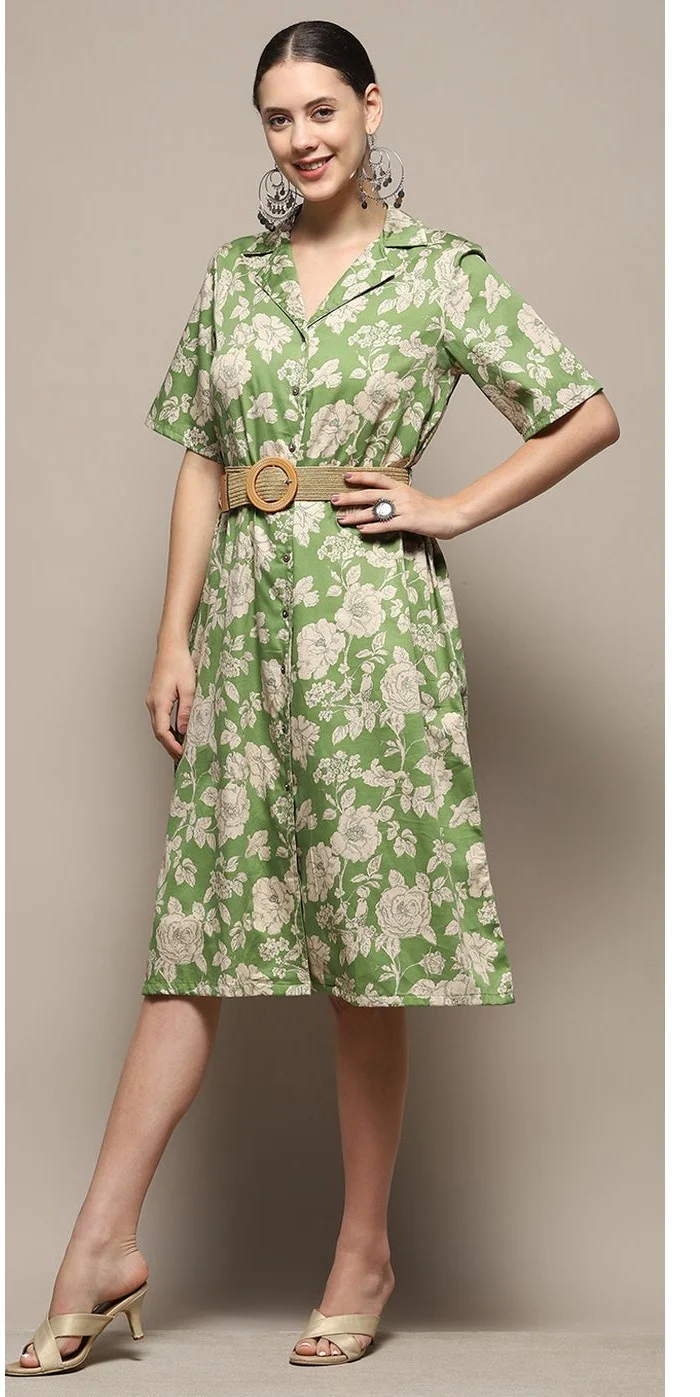 Biba  Women Green Pure Cotton Floral Printed Straight Dress  | Best Price UAE