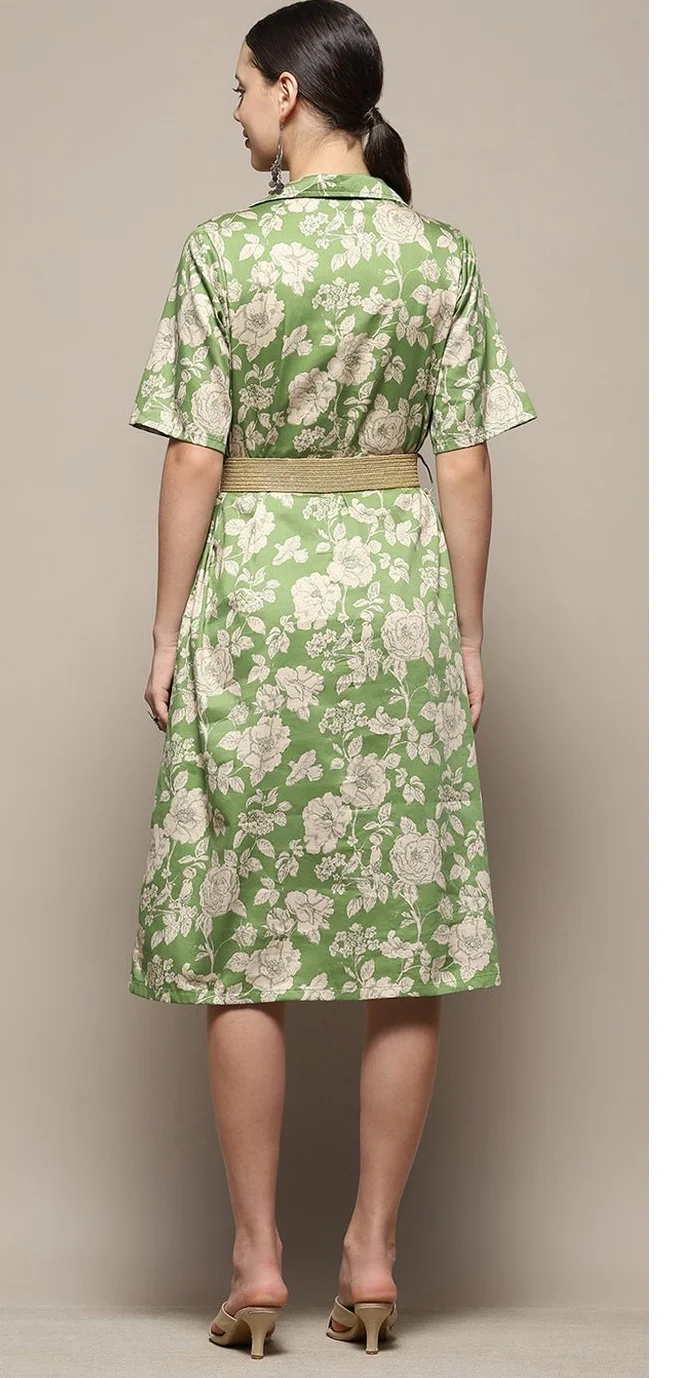 Biba  Women Green Pure Cotton Floral Printed Straight Dress  | Best Price UAE