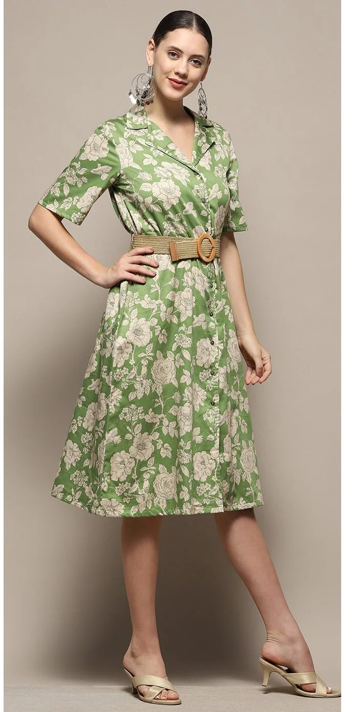 Biba  Women Green Pure Cotton Floral Printed Straight Dress  | Best Price UAE