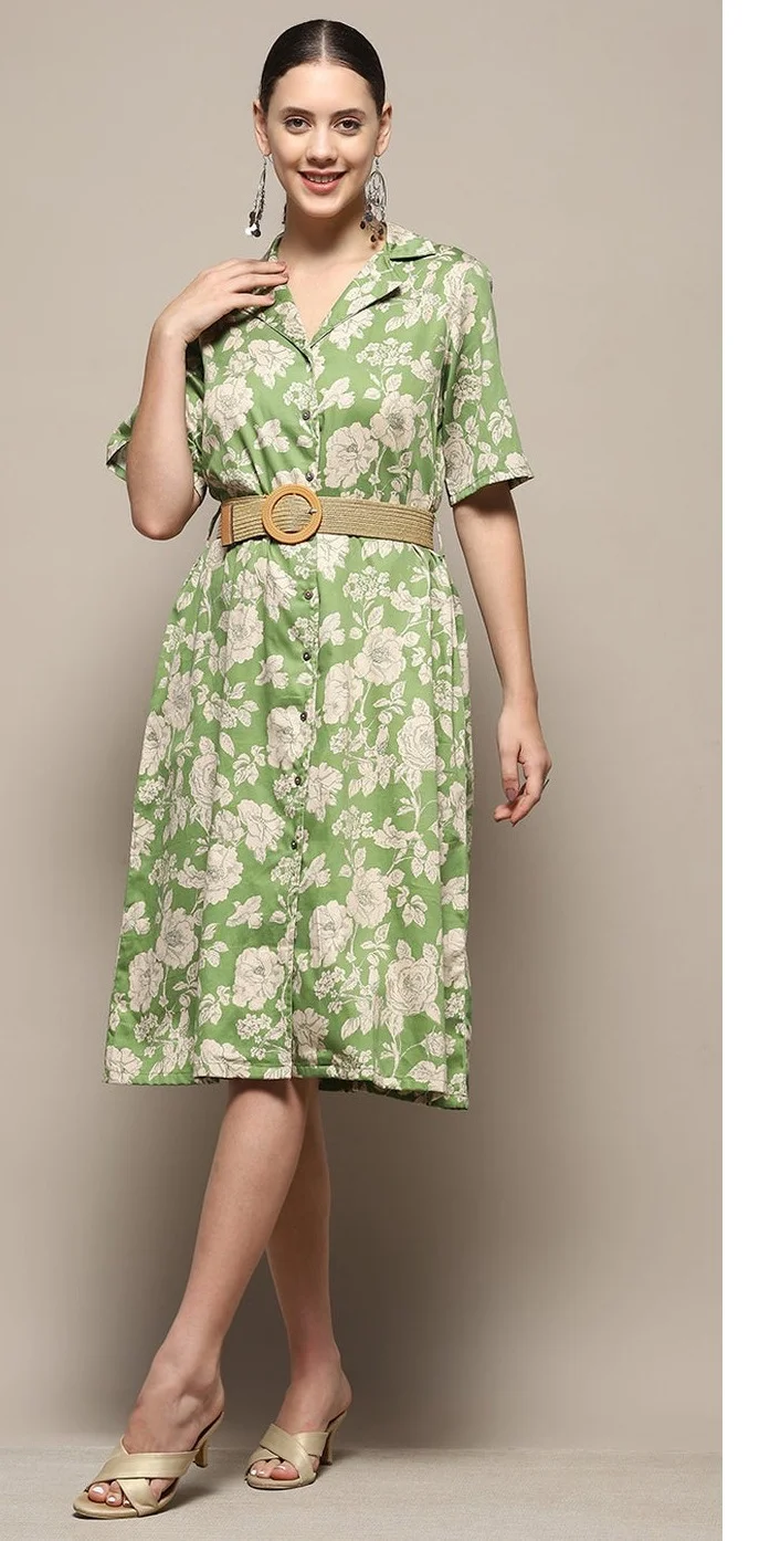 Biba  Women Green Pure Cotton Floral Printed Straight Dress  | Best Price UAE