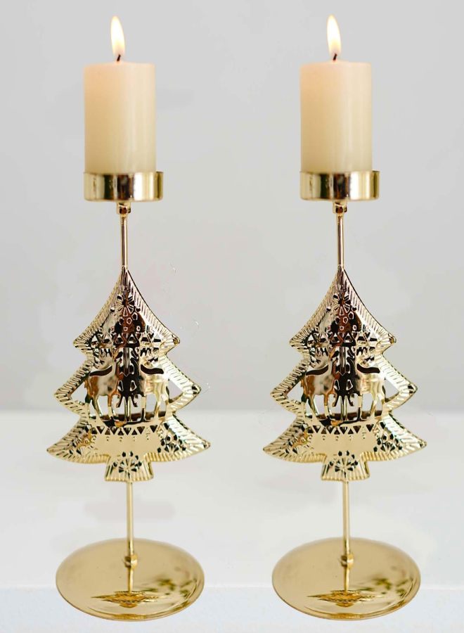 2-piece Golden Christmas tree cone candlestick set (for Christmas decoration, family party, table decoration) - Image 1