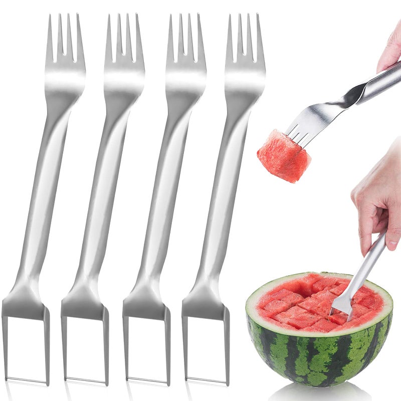 4Pack 2in1 Watermelon Fork Cutter 2024 New Watermelon Slicer Tools for Family Gatherings Summer Watermelon Cutter Fruit and Vegetable Tools Stainless Steel Fruit Fork Cutter Knife for Camping