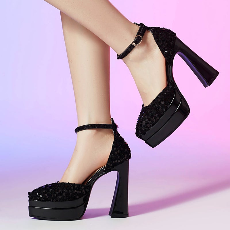 2024 Spring Pointed Sequins Platform Women'S Shoes 32-43 Size Size Elegant Party Hollow Single Shoes - Image 3