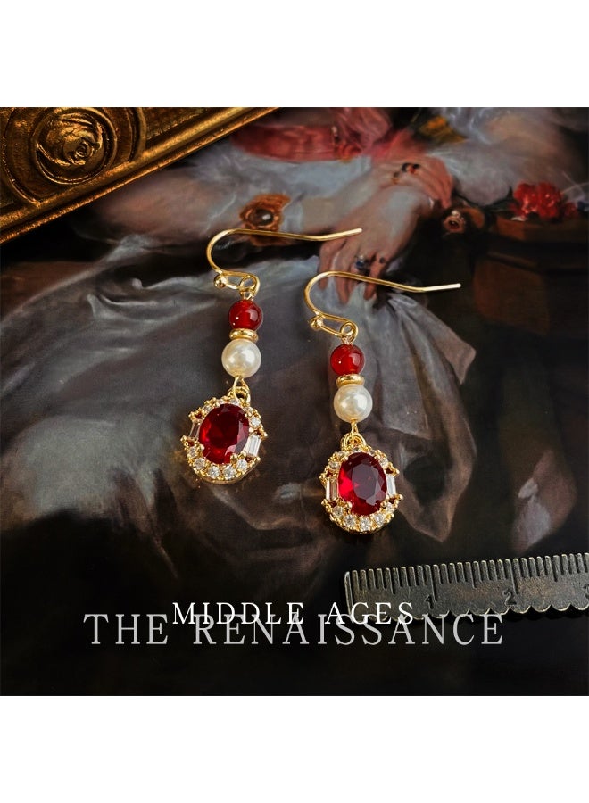 Vintage Royal Agnate Earrings – Natural Red Agate with Zircon & Pearl - Image 1