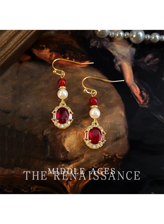 Vintage Royal Agnate Earrings – Natural Red Agate with Zircon & Pearl - Image 2
