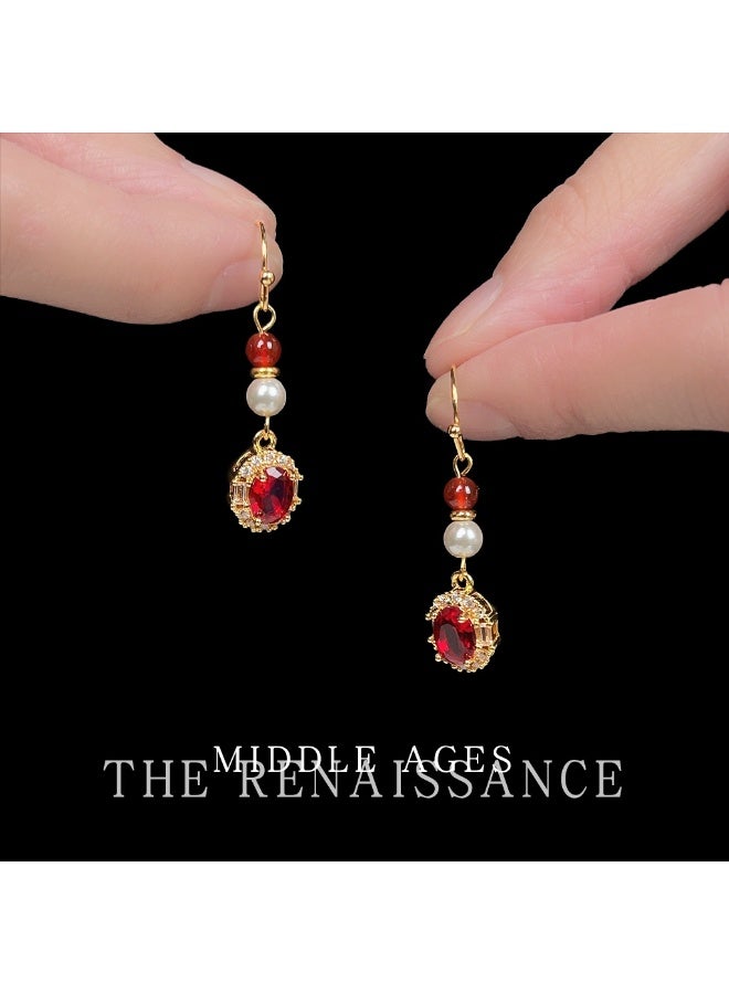 Vintage Royal Agnate Earrings – Natural Red Agate with Zircon & Pearl - Image 3