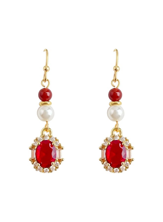 Vintage Royal Agnate Earrings – Natural Red Agate with Zircon & Pearl - Image 4