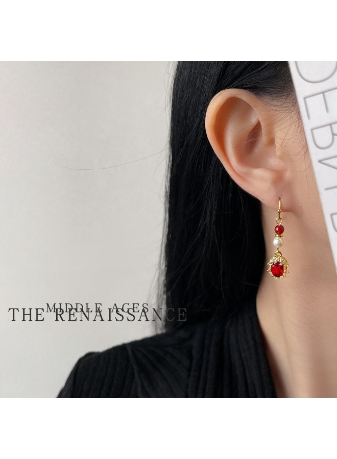 Vintage Royal Agnate Earrings – Natural Red Agate with Zircon & Pearl - Image 5
