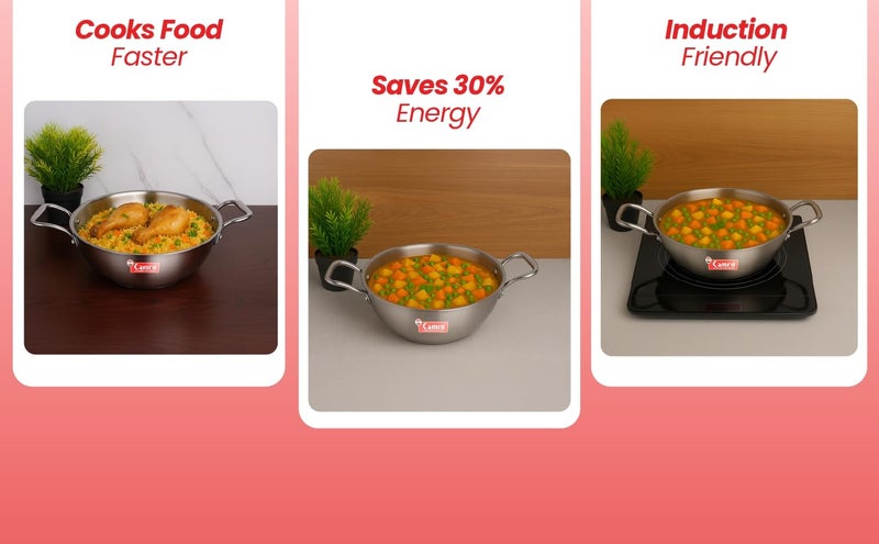 Camro Triply Artisian Kadhai 1 Liters 18 Cm | kadhai Steel Stainless | Kadhai For Deep Frying | Kadhai Induction Base | Kadai For Cooking Stainless Steel | Induction Friendly Dishwasher Safe - Image 4