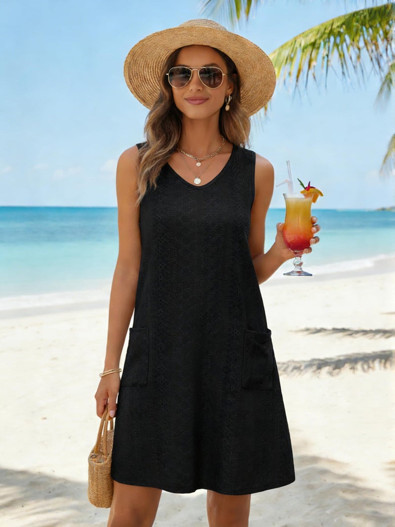 elescat Swimsuit Coverup Summer Dresses for Women Eyelet Casual Loose Sleeveless Sundress with Pockets (Black, M) - Image 3
