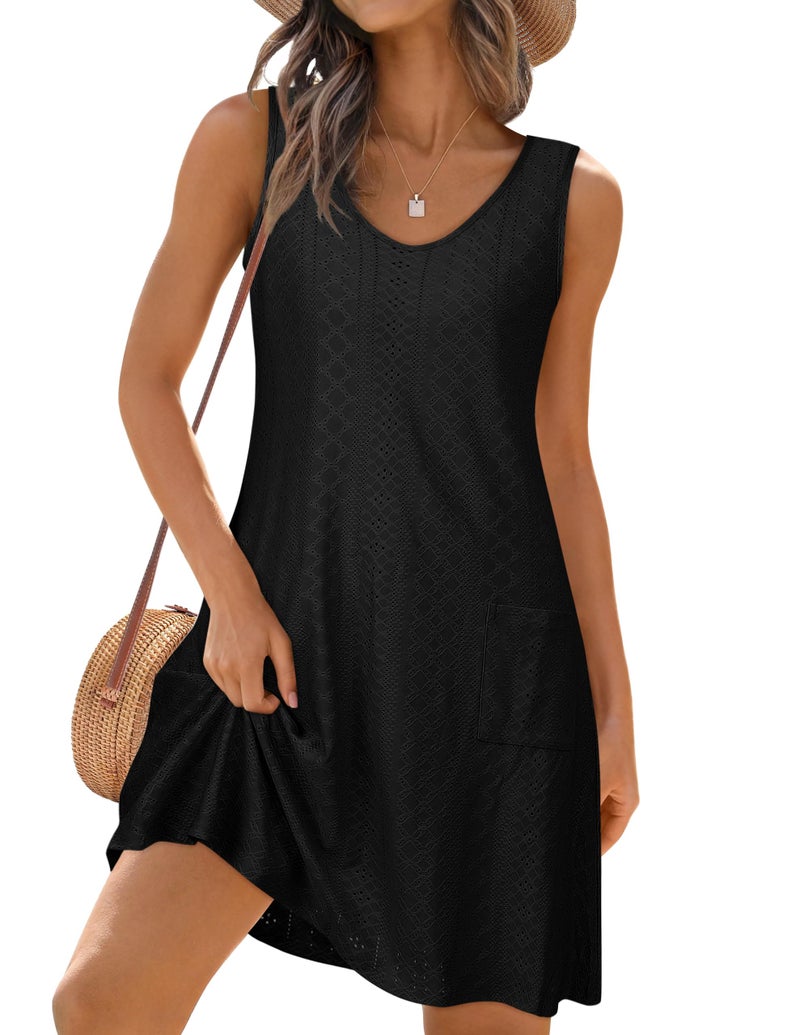 elescat Swimsuit Coverup Summer Dresses for Women Eyelet Casual Loose Sleeveless Sundress with Pockets (Black, M) - Image 1