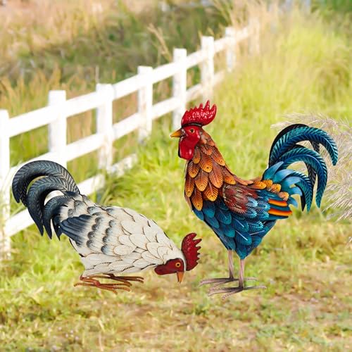 Shorayn Shorayn Metal Rooster Statues Outdoor Garden Statues Metal Chicken Decor Garden Sculptures  Statues Chicken Ornaments Yard Art for Backyard Patio Lawn Decorations Set of 2 