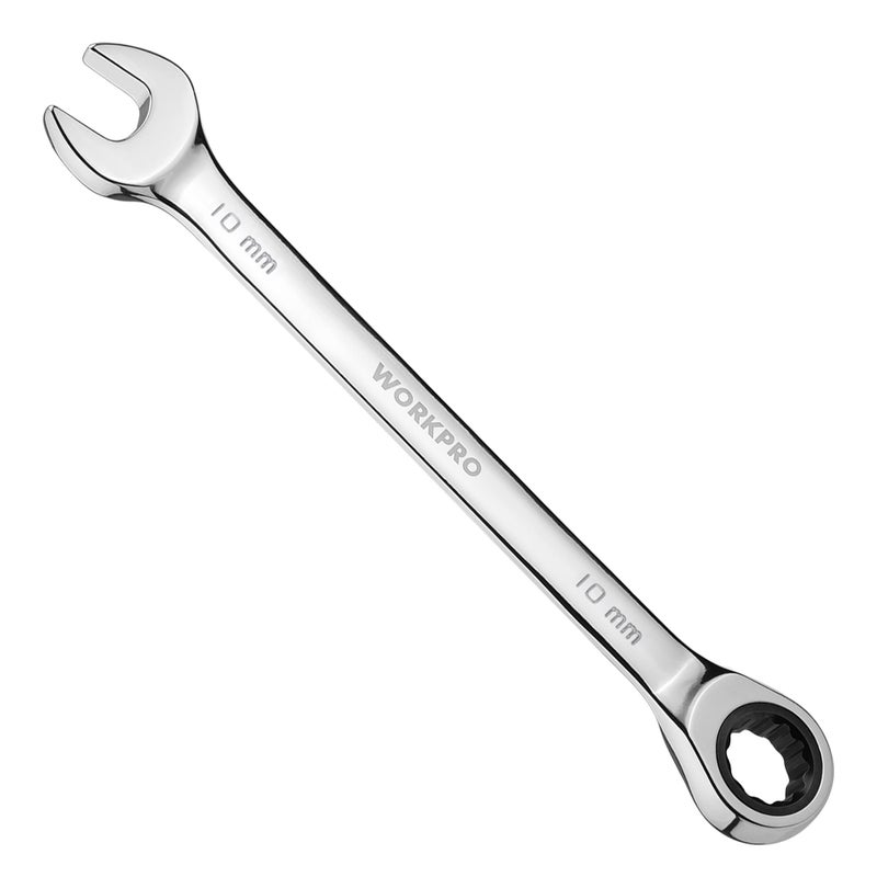 WORKPRO 10 mm Ratcheting Combination Wrench Metric, CR-V Constructed with Mirror Polish Chrome Plating, 12-Point Design, 15-Degree Offset - Image 1