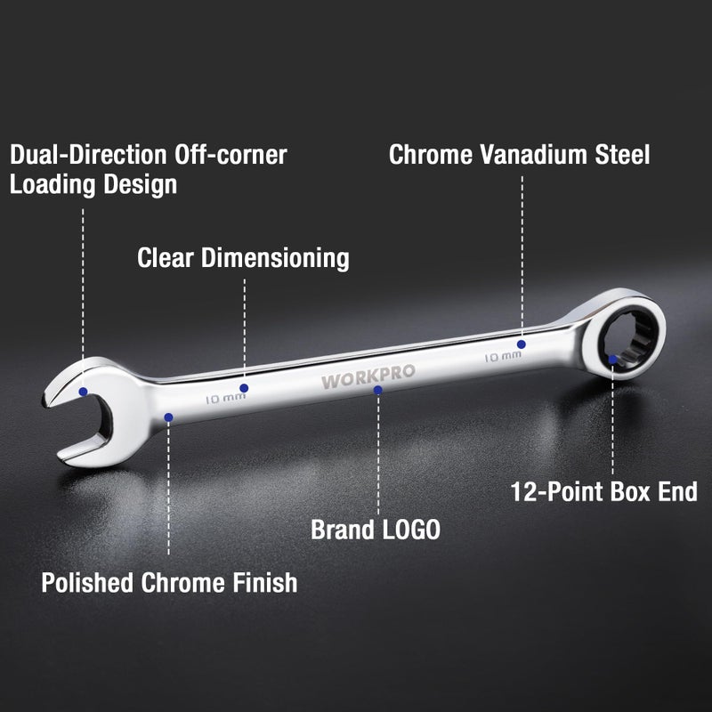 WORKPRO 10 mm Ratcheting Combination Wrench Metric, CR-V Constructed with Mirror Polish Chrome Plating, 12-Point Design, 15-Degree Offset - Image 2