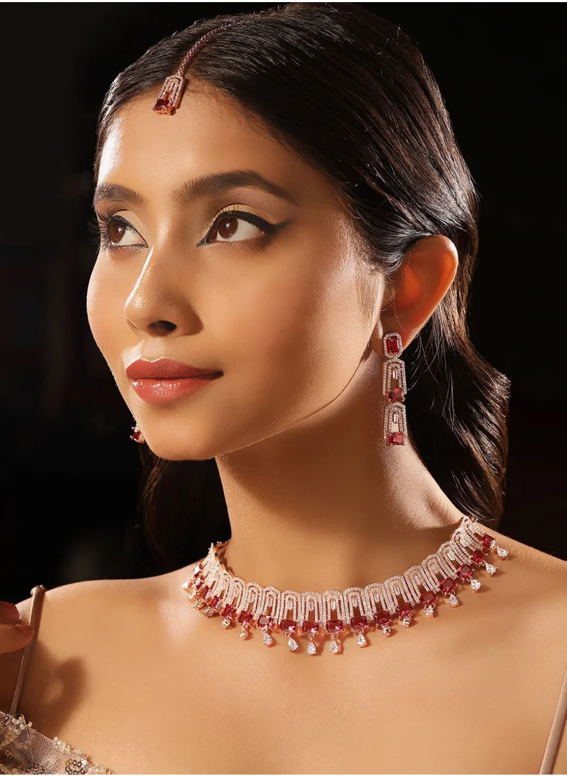 Priyaasi Plated Red Ruby American Diamond Necklace  Earrings