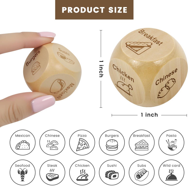 Bilywey 2 Pcs Wood Dice for Food Decision Games Date Night Dice Couples Gift for Him Her for Birthday Boyfriend Girlfriend Men Women Gifts (2pcs) - Image 2