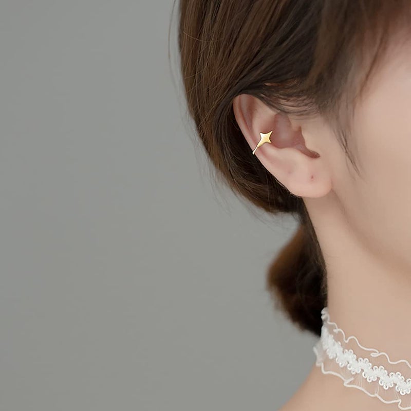 Reffeer Solid 925 Sterling Silver Star Cuff Earrings Cartilage Wraps for Women Teen Girls Helix Earrings Star Clip On Earrings No Piercing (B-18K Gold Plated) - Image 3