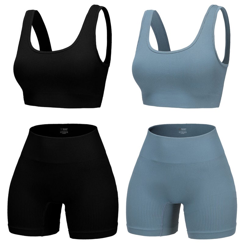 YWBIN 4 Piece Workout Sets for Women Seamless Ribbed High Waist Yoga shorts with Sports Bra Outfits - Image 1
