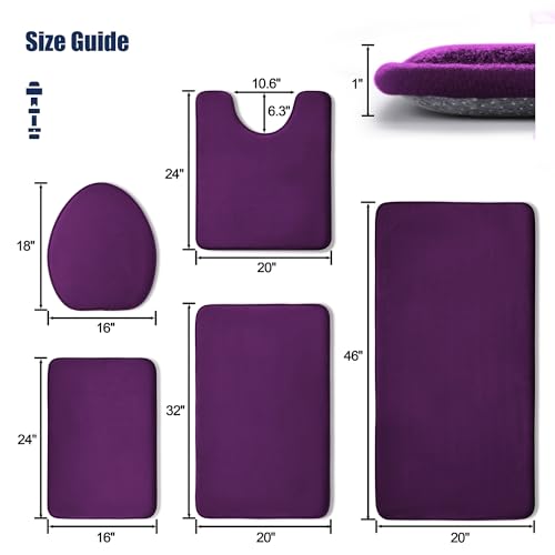 YIHOUSE Bathroom Rug Set 5 Piece, Memory Foam Bath Mat Set, Super Absorbent Bath Mats for Bathroom - Non-Slip & Washable Bath Rugs - Dry Quickly Bath Rugs, Purple - Image 4