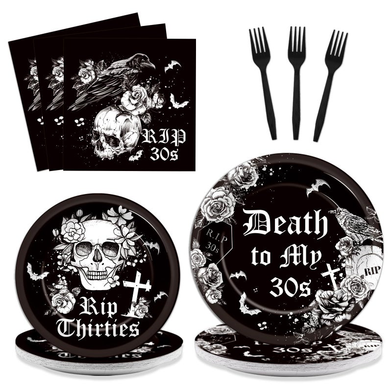 96 Pcs 40th Birthday Plates and Napkins Party Supplies Set Death To My Thirties Theme Disposable Tableware Decorations Favors for Rip To My 30s Birthday Party Funeral for My Youth for 24 Guests