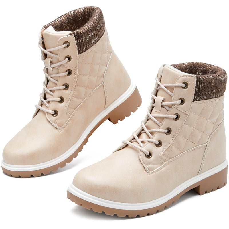Adokoo Waterproof Ankle Boots for Women Fall Winter Snow Black Combat Boots Lace Up Non Slip for Hiking Work US8 Apricot - Image 1