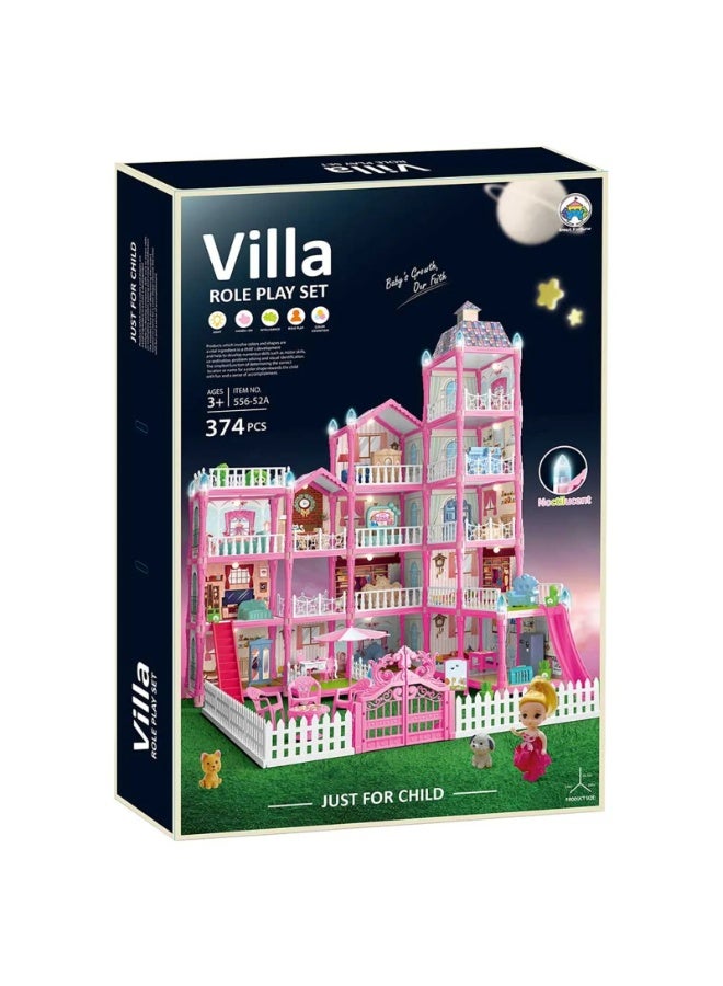 فيلا مجموعة لعب الأدوار الإبداعية فيلا أحلام للبنات، 3 طوابق، بيت دمى للأطفال الصغار، بناء ذاتي، 374 قطعة - وردي - Image 1
