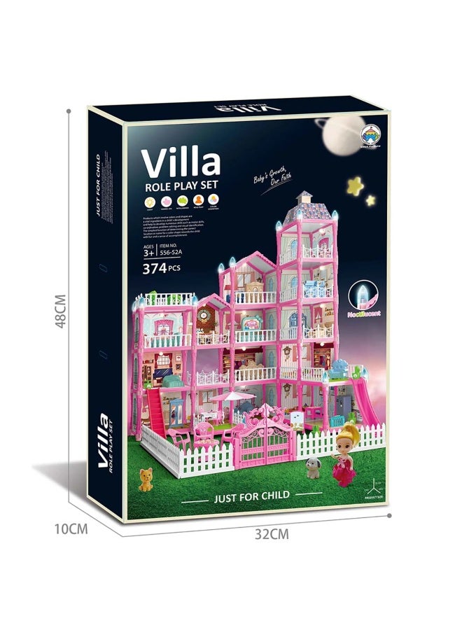 فيلا مجموعة لعب الأدوار الإبداعية فيلا أحلام للبنات، 3 طوابق، بيت دمى للأطفال الصغار، بناء ذاتي، 374 قطعة - وردي - Image 3