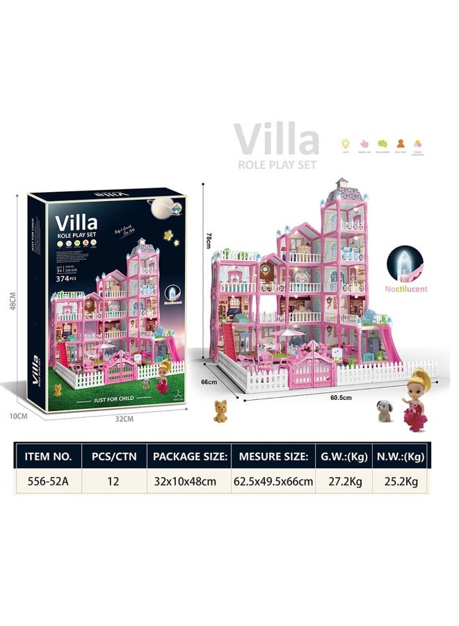 فيلا مجموعة لعب الأدوار الإبداعية فيلا أحلام للبنات، 3 طوابق، بيت دمى للأطفال الصغار، بناء ذاتي، 374 قطعة - وردي - Image 2