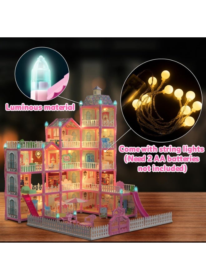 فيلا مجموعة لعب الأدوار الإبداعية فيلا أحلام للبنات، 3 طوابق، بيت دمى للأطفال الصغار، بناء ذاتي، 374 قطعة - وردي - Image 5