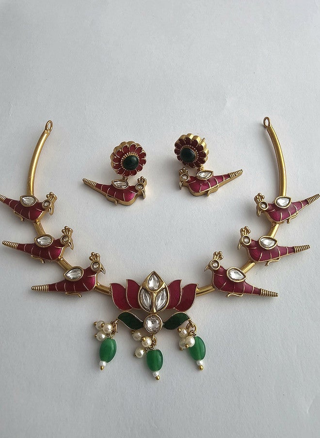 Binnis Wardrobe Gold Plated Kundan Studded & Beaded Bird Hasuli Necklace With Earrings - Image 4