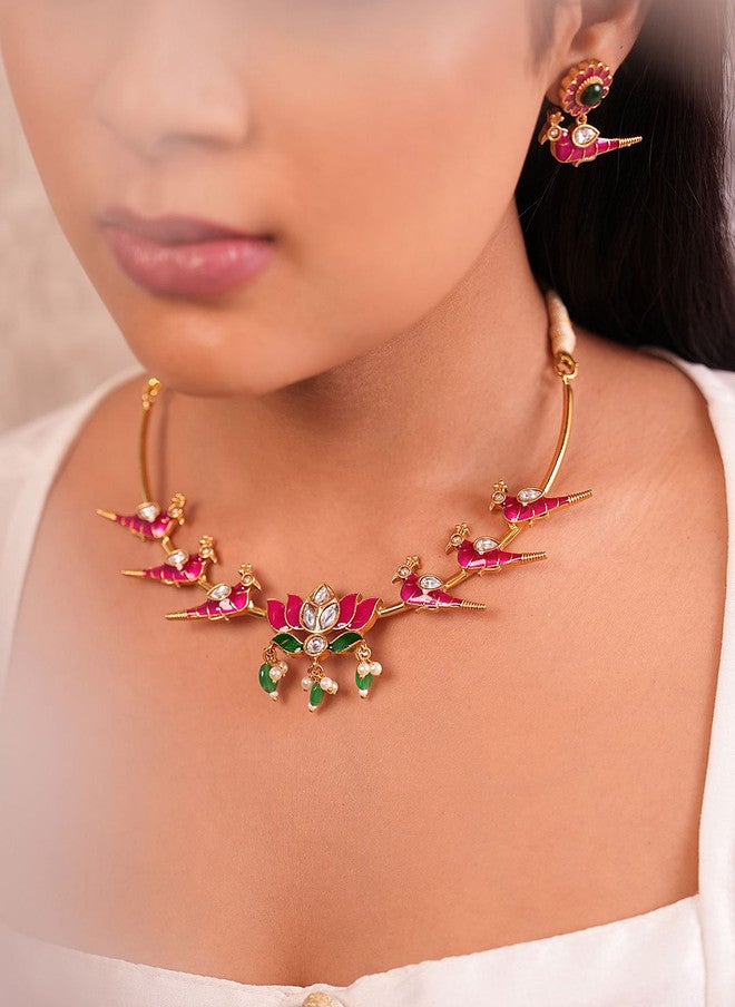Binnis Wardrobe Gold Plated Kundan Studded & Beaded Bird Hasuli Necklace With Earrings - Image 2