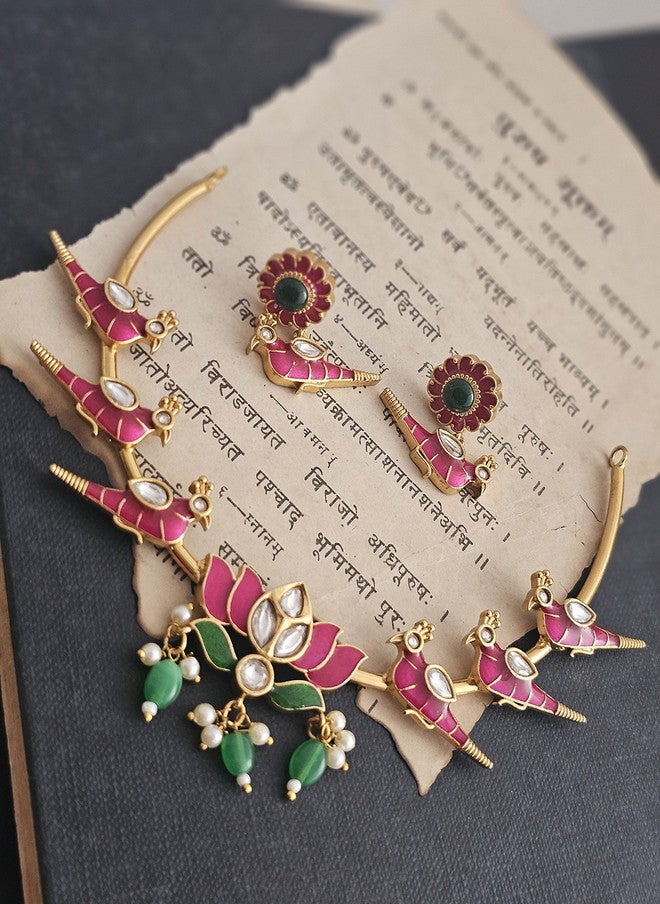 Binnis Wardrobe Gold Plated Kundan Studded & Beaded Bird Hasuli Necklace With Earrings - Image 3