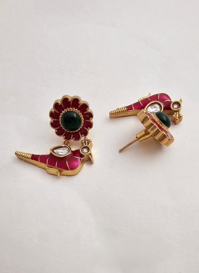Binnis Wardrobe Gold Plated Kundan Studded & Beaded Bird Hasuli Necklace With Earrings - Image 5