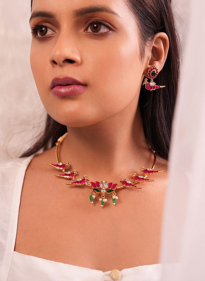 Binnis Wardrobe Gold Plated Kundan Studded & Beaded Bird Hasuli Necklace With Earrings - Image 1