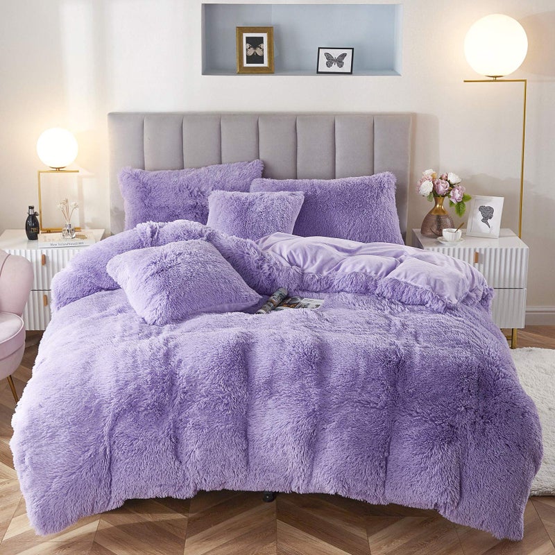 Uhamho Faux Fur Velvet Fluffy Bedding Duvet Cover Set Down Comforter Quilt Cover with Pillow Shams Ultra Soft Warm Lilac King